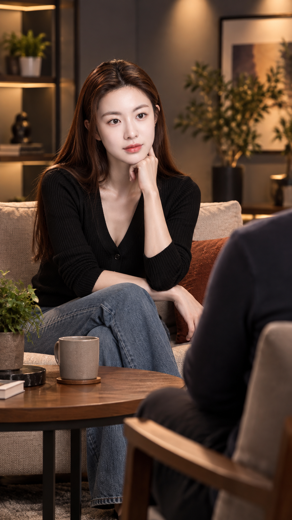 现代影棚休息区的暖光纪录片访谈肖像