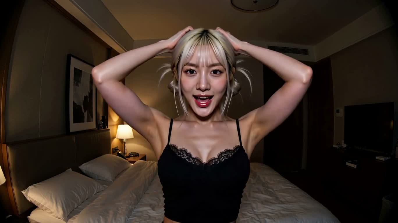 Femme aux cheveux platine dans une chambre en fisheye