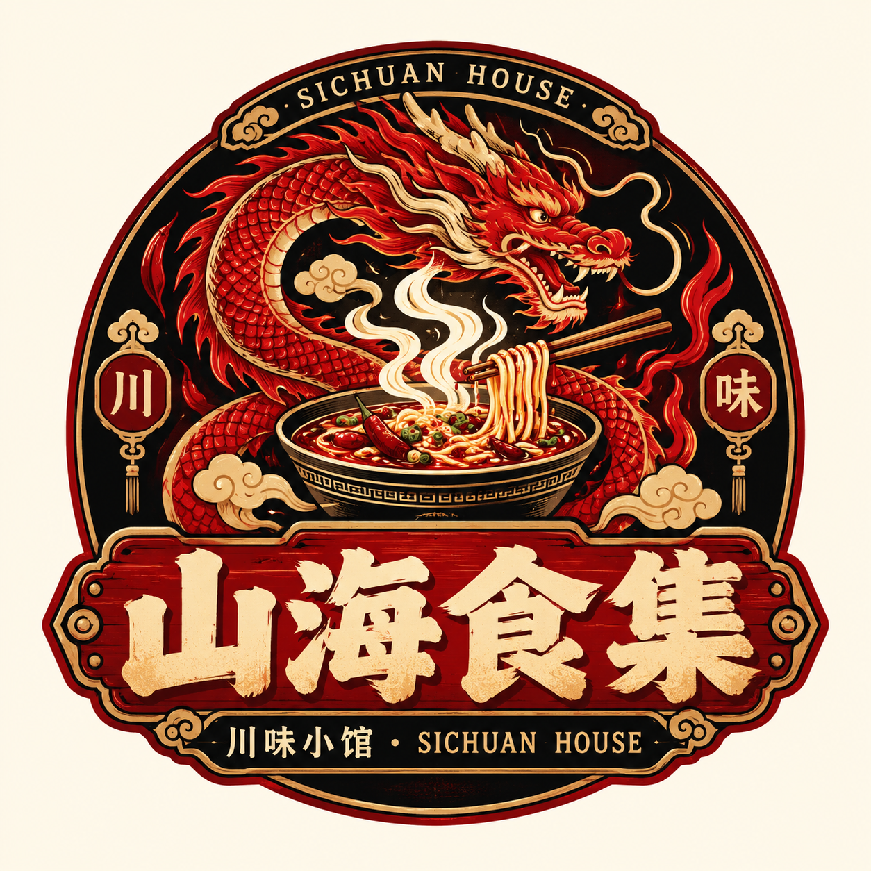 国潮复古餐饮徽章Logo设计提示词