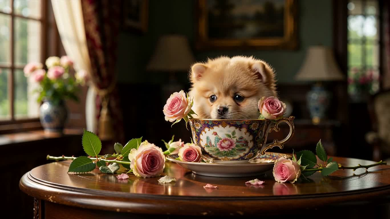 Pomeranian's Floral Tale in an Antique Cup