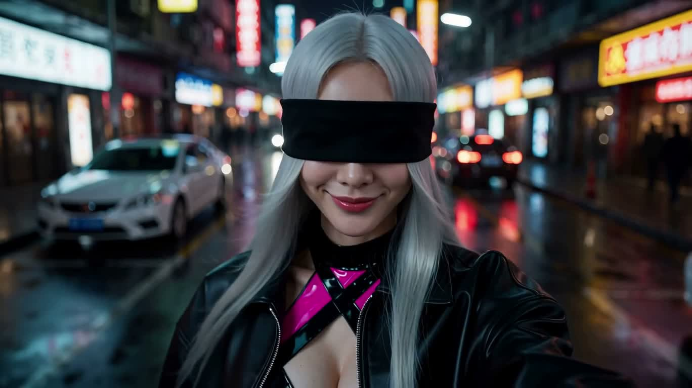 Fille aveugle aux cheveux argentés dans les rues néon