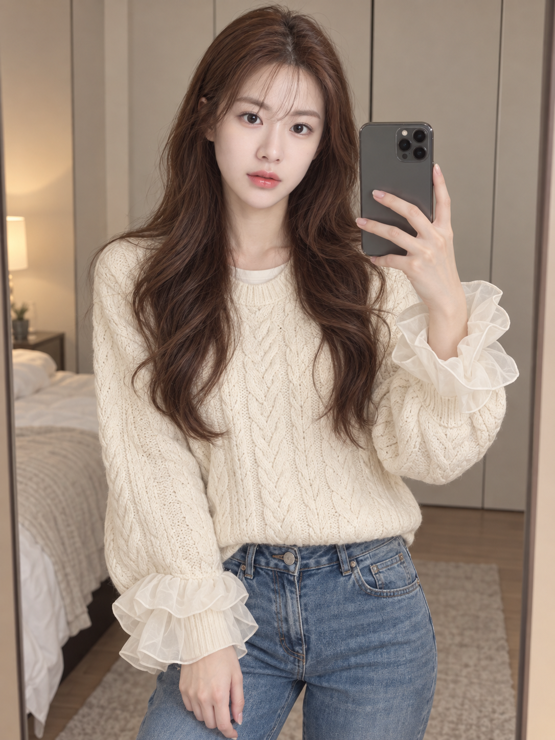 Selfie miroir dans la chambre en pull crème