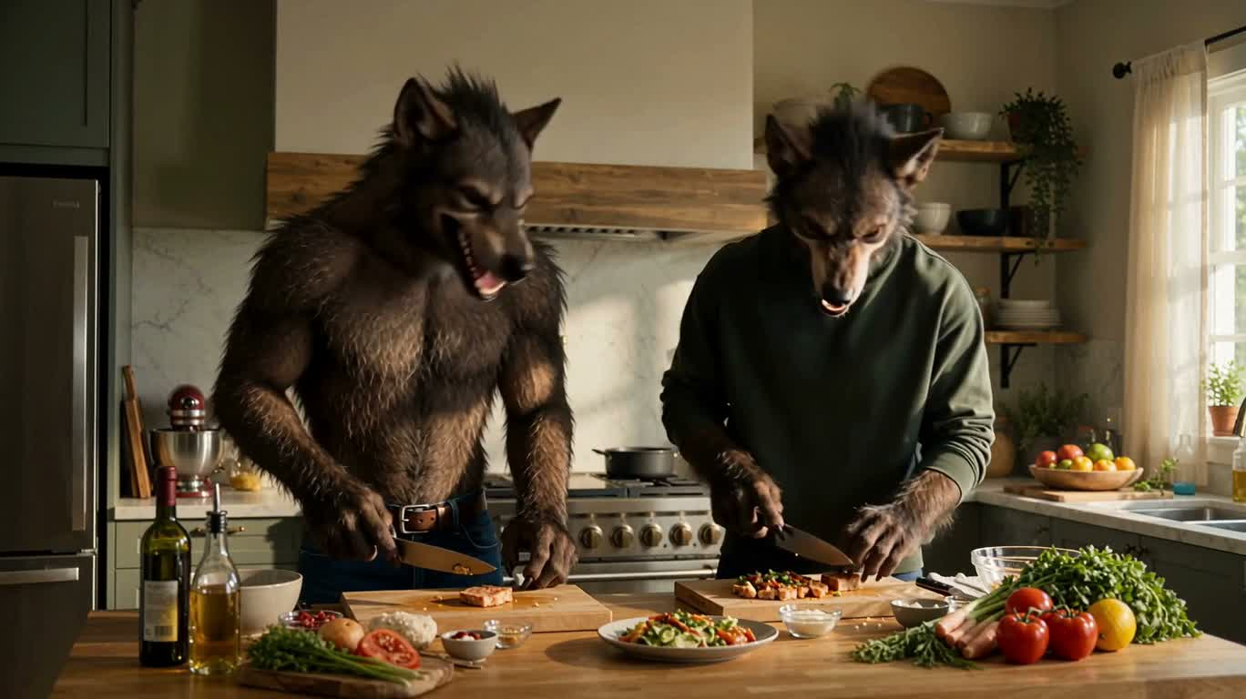 Moments chaleureux à la cuisine avec un partenaire loup-garou — AI video creation