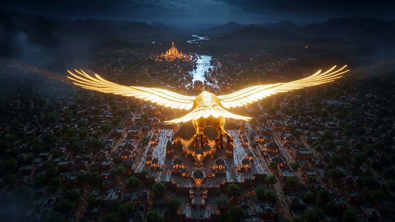 Garuda vàng bay lượn trên Ayodhya — AI video creation