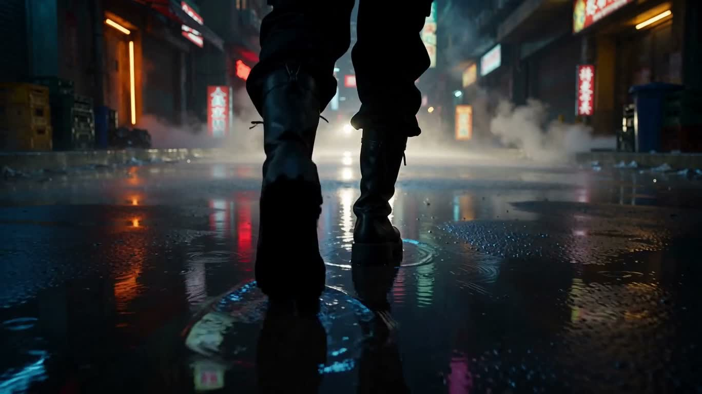 霓虹雨巷中的赛博浪人
