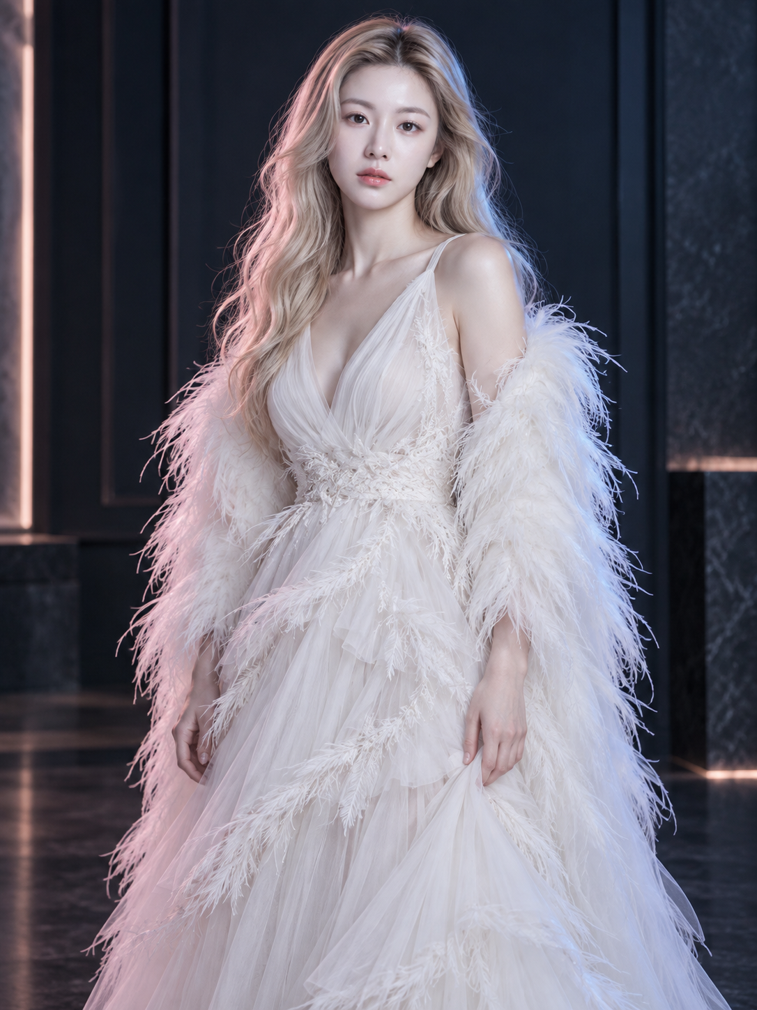 Chân dung haute couture với voan lông vũ dưới ánh sáng viền hồng xanh