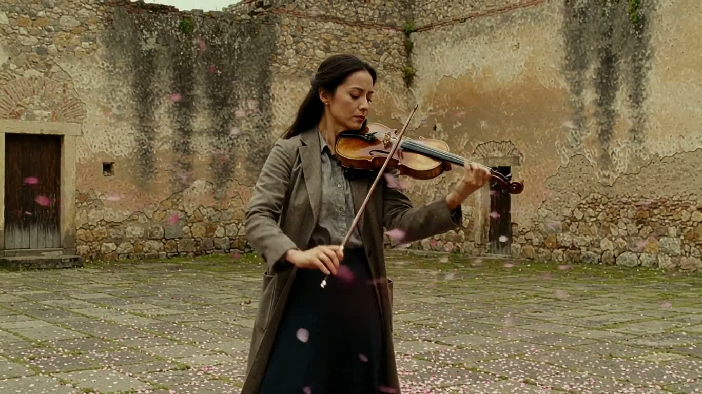 Violoniste dans le vent près du mur en ruine