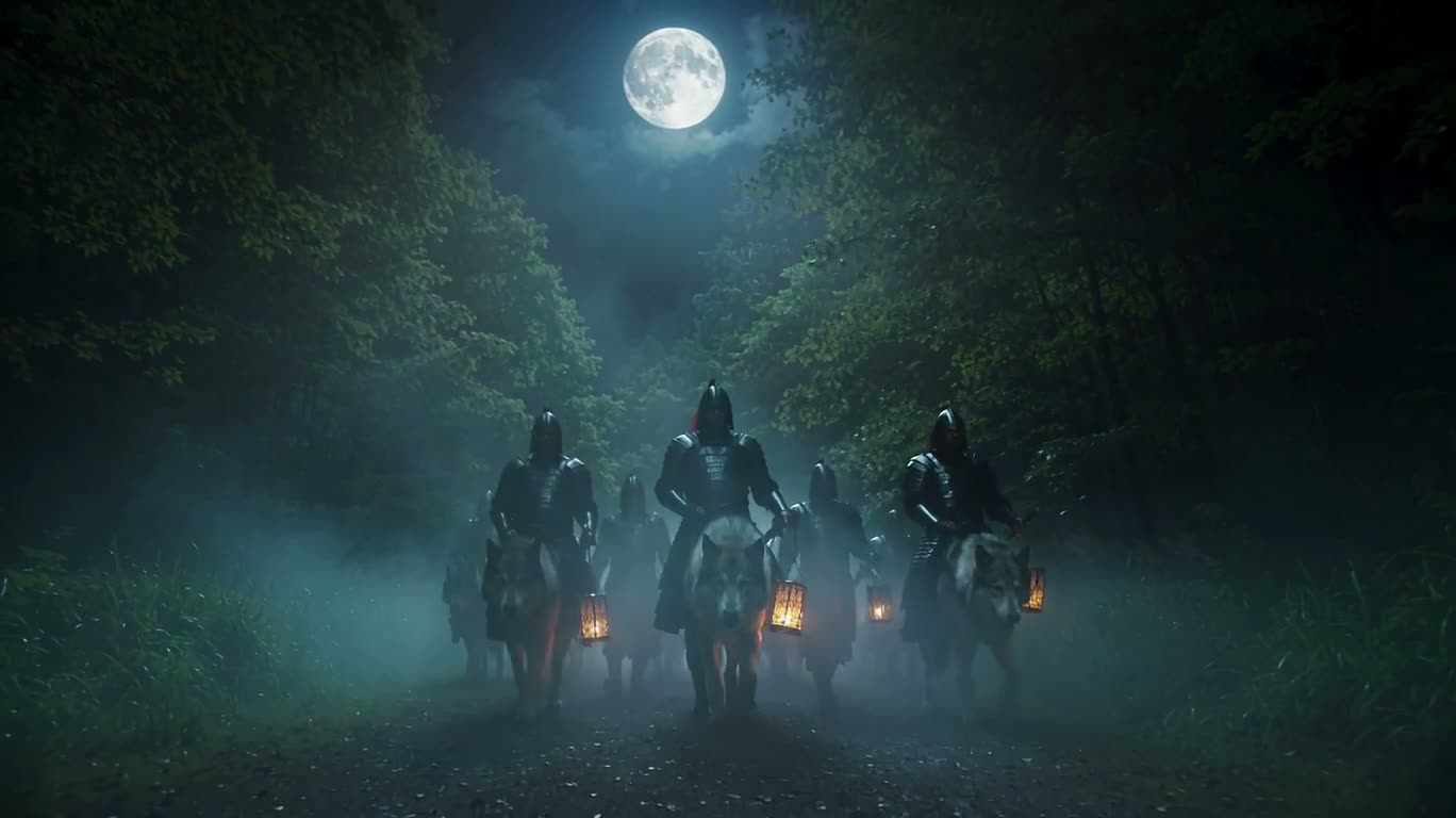 달빛 아래 늑대 무리의 야간 순찰