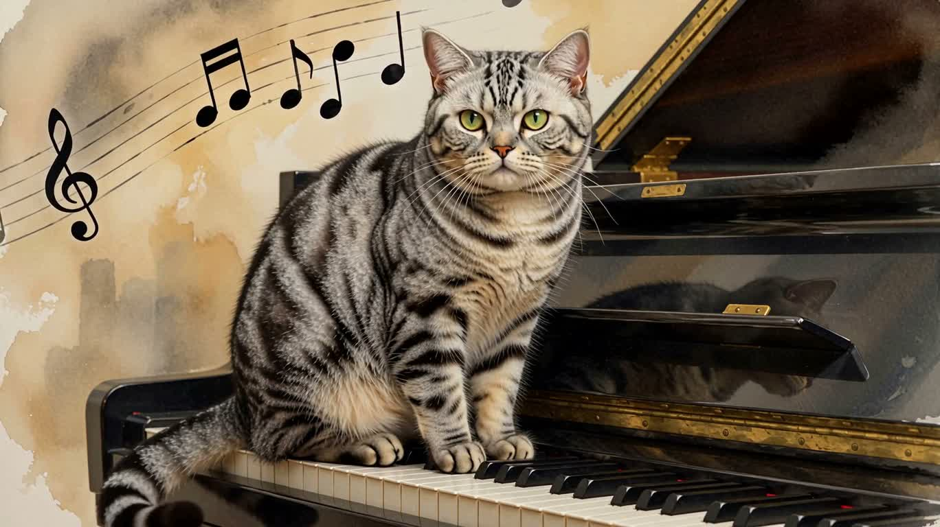 钢琴键上的英国短毛猫水彩画