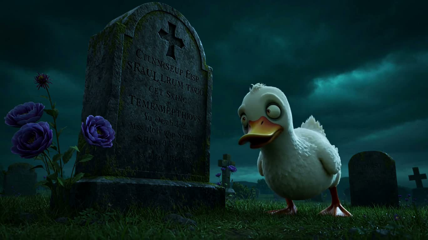 Canard zombie en caoutchouc dans un cimetière bleu-vert — AI video creation