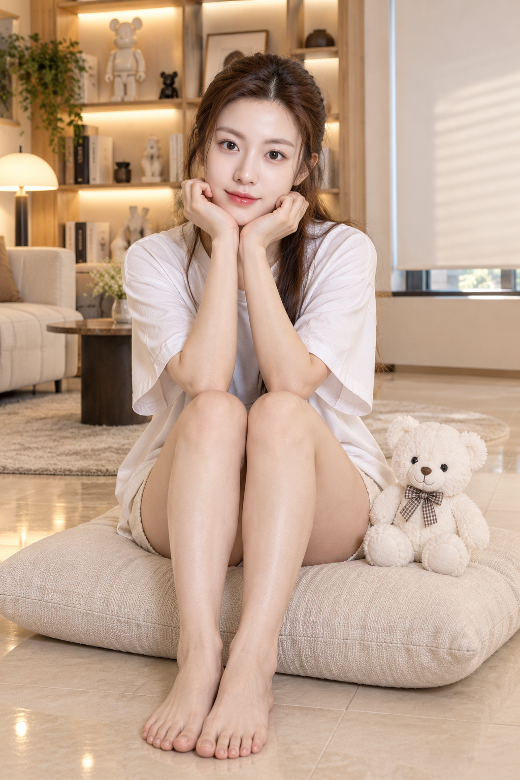 따뜻한 빛의 거실에서 흰 티셔츠와 봉제인형 초상