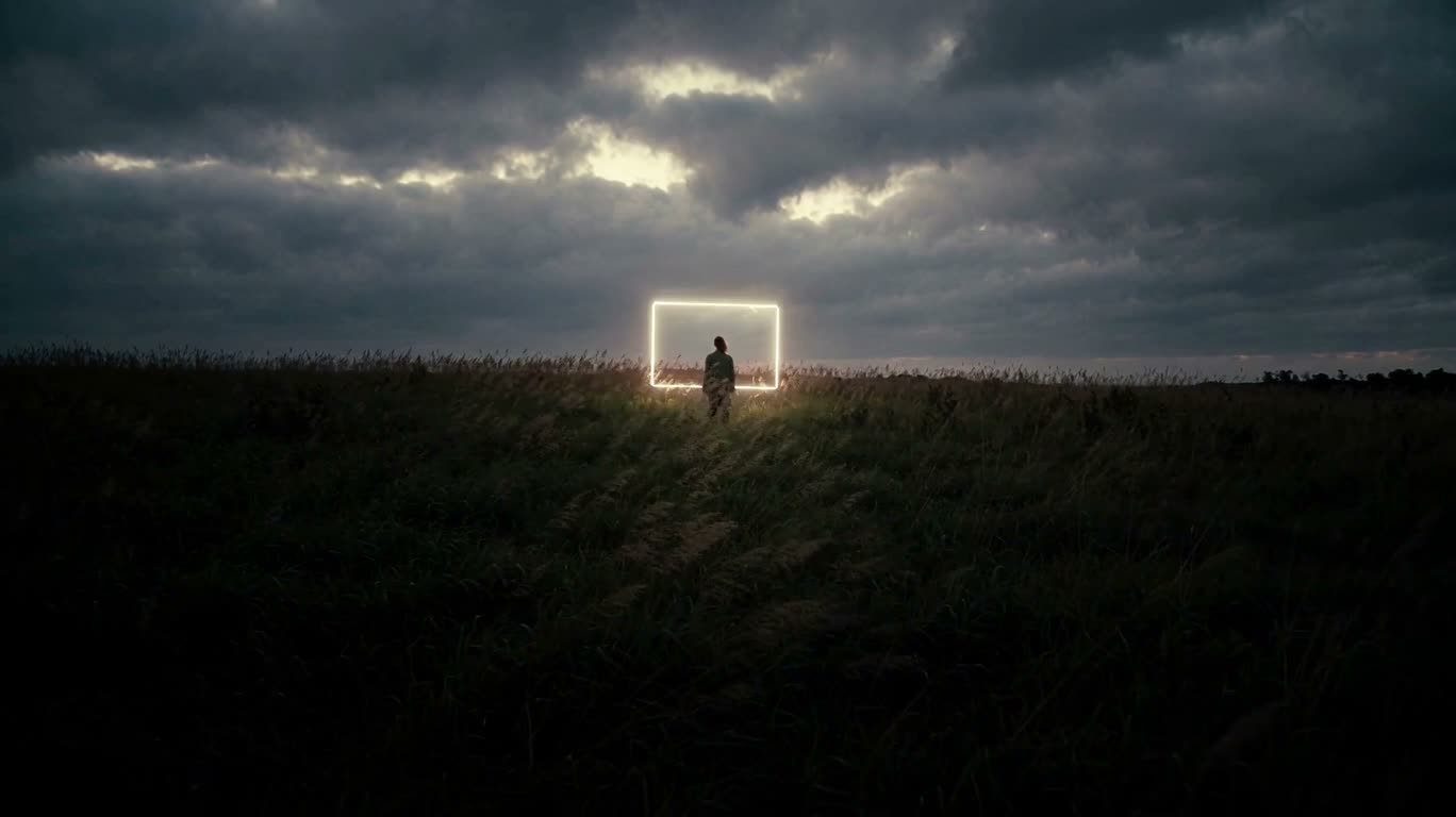 Glowing Frame in the Stormy Grassland