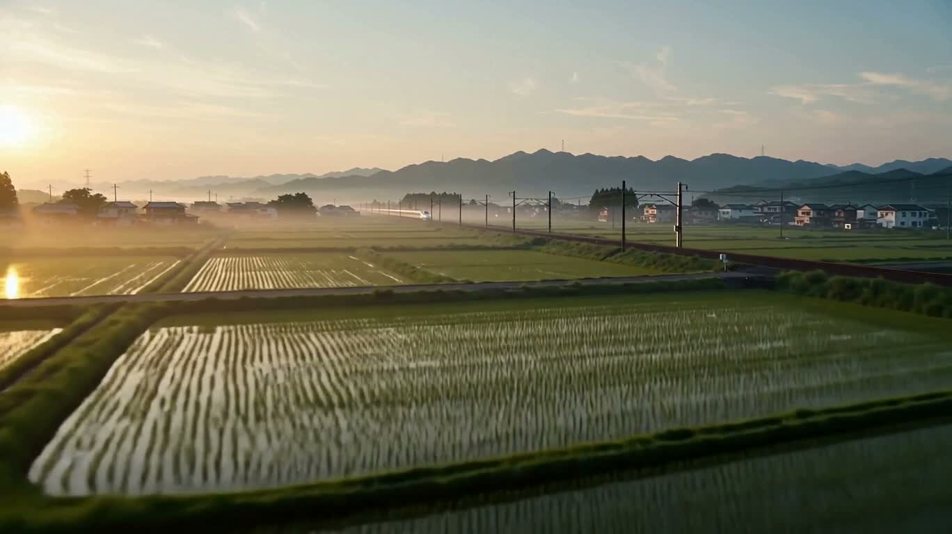 晨雾田野上的列车之旅