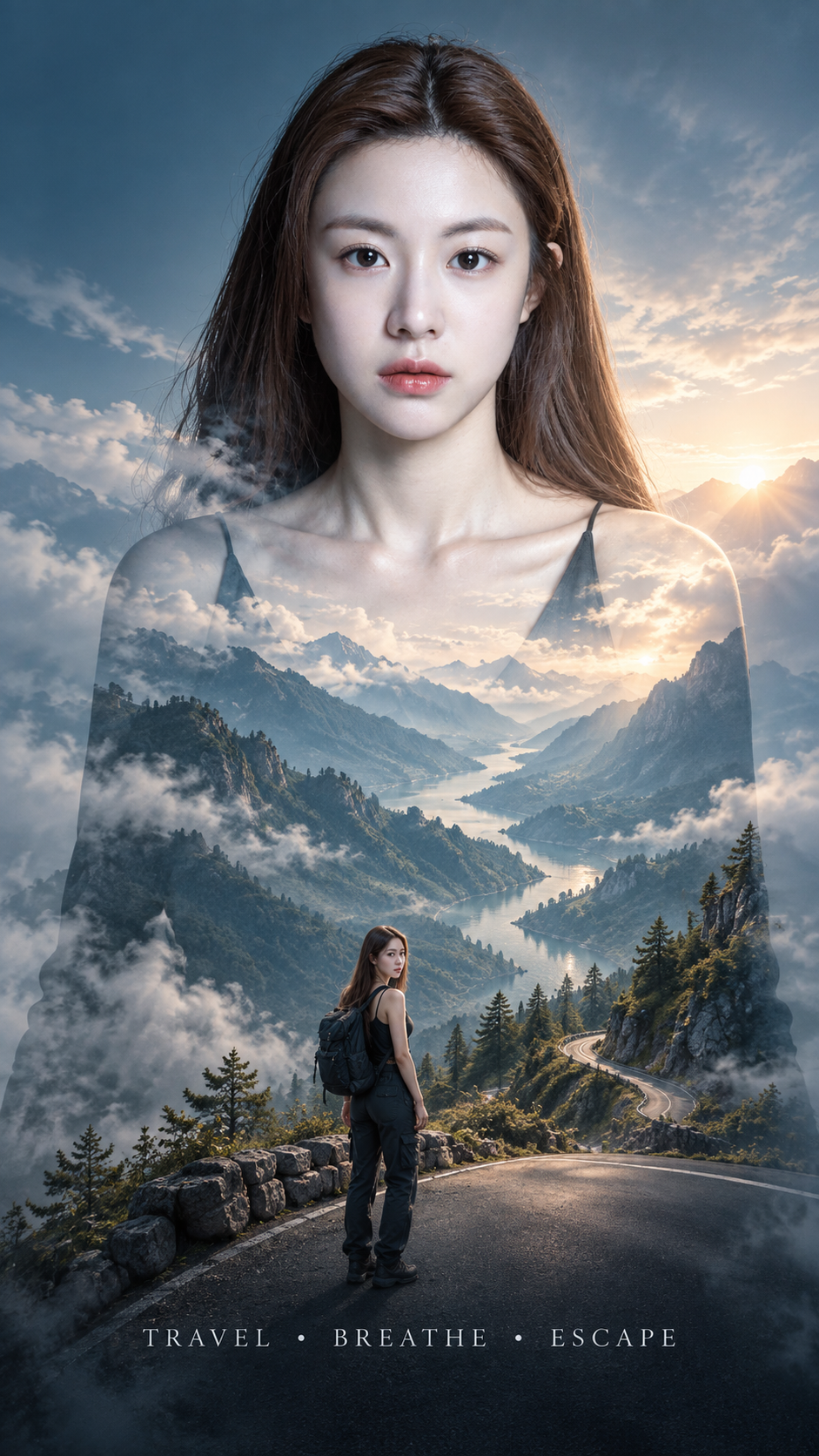 双重曝光人物轮廓旅行海报 — AI image creation