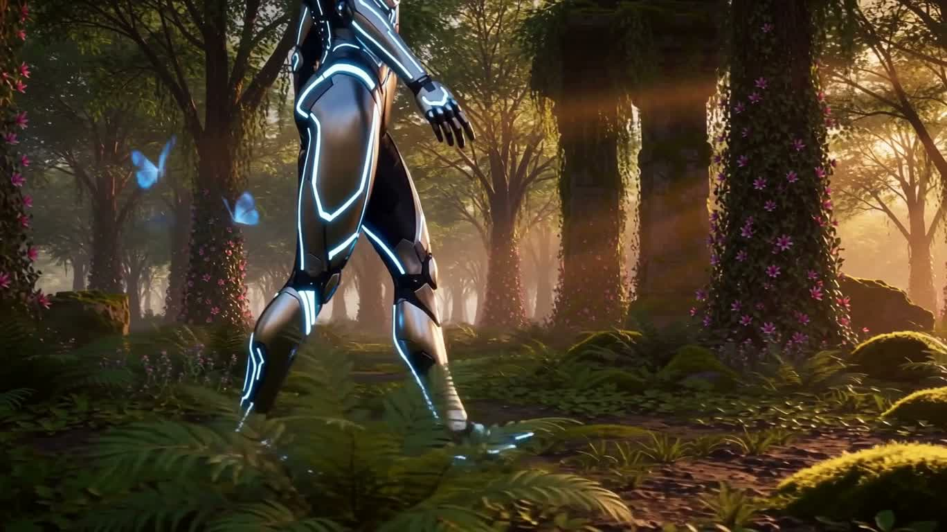 Robot bleu lumineux dans la forêt crépusculaire — AI video creation