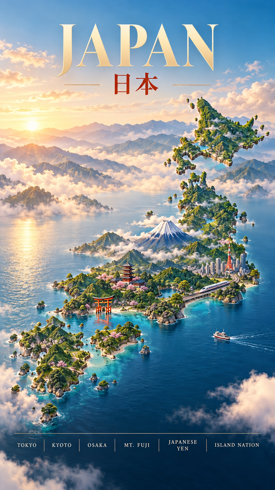 日本浮空群岛微缩世界旅行海报