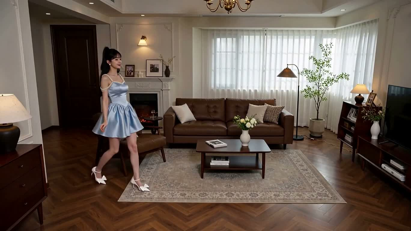 客厅里的羞涩指心回应 — AI video creation