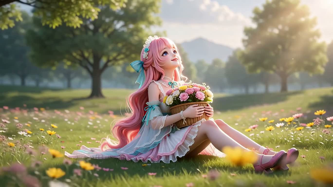 魔法花园中的粉发少女与白狐