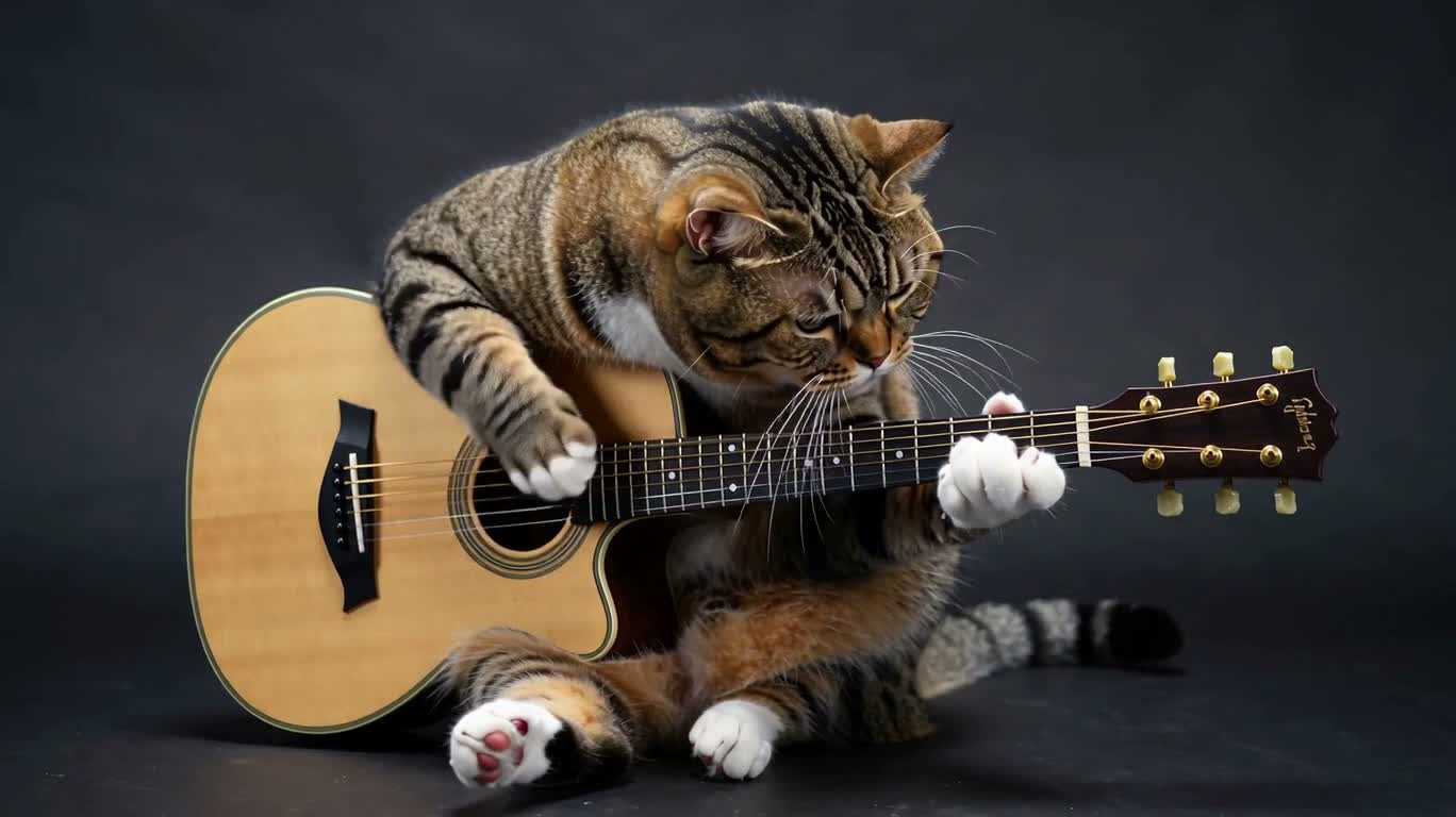 猫のギター演奏を巡るカメラ — AI video creation