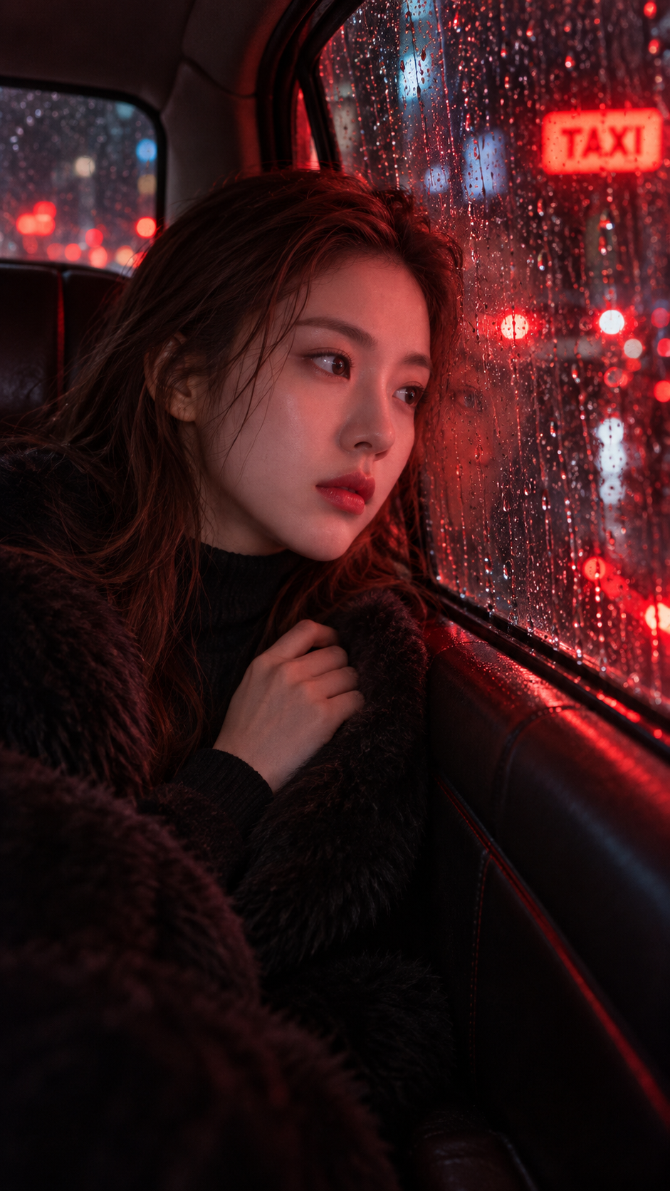 雨夜出租车窗后的红蓝电影感成年女性人像