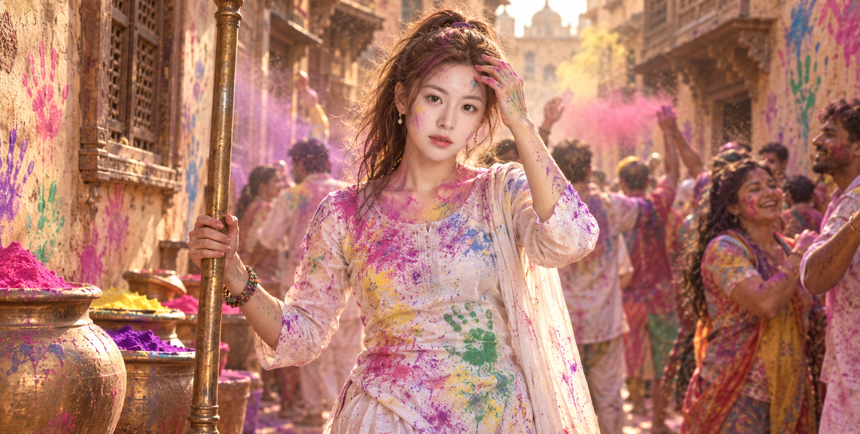 Chân dung tư liệu giữa bột màu trên phố lễ Holi — AI image creation