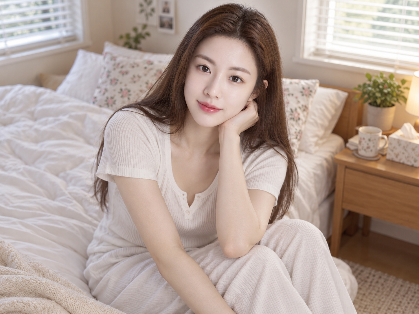 부드러운 아침 햇살 속 아늑한 침실 생활 초상