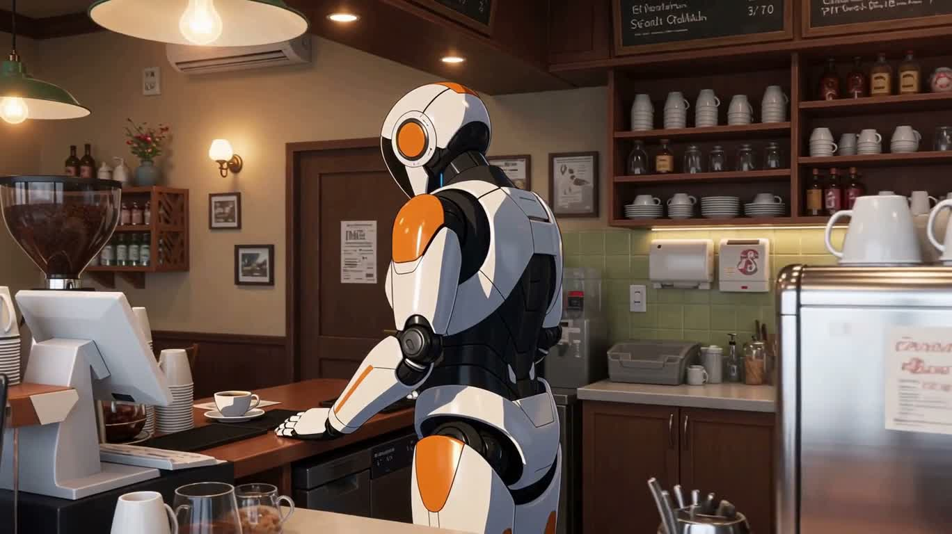 暖かな光のカフェのロボットバリスタ — AI video creation