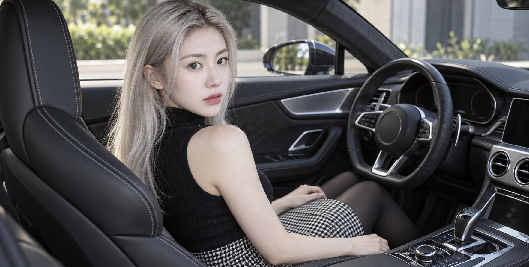 成年女性在豪华跑车驾驶座回眸人像