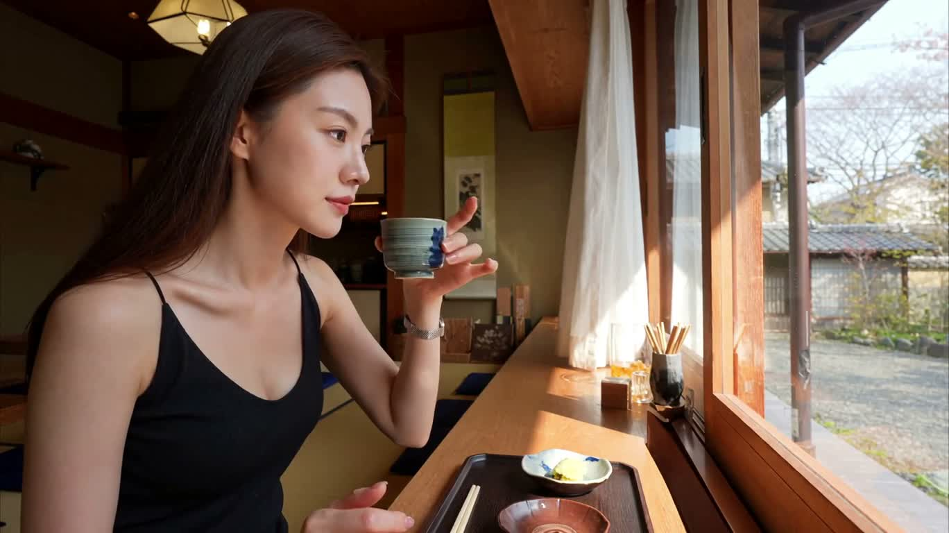 Khoảnh khắc trà xanh bên cửa sổ Kyoto