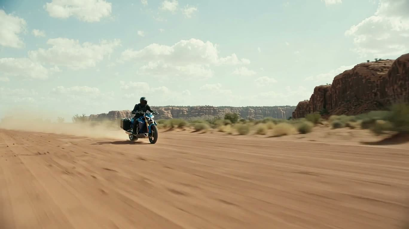 Moto volante bleue devant les ruines d'un vaisseau dans le désert
