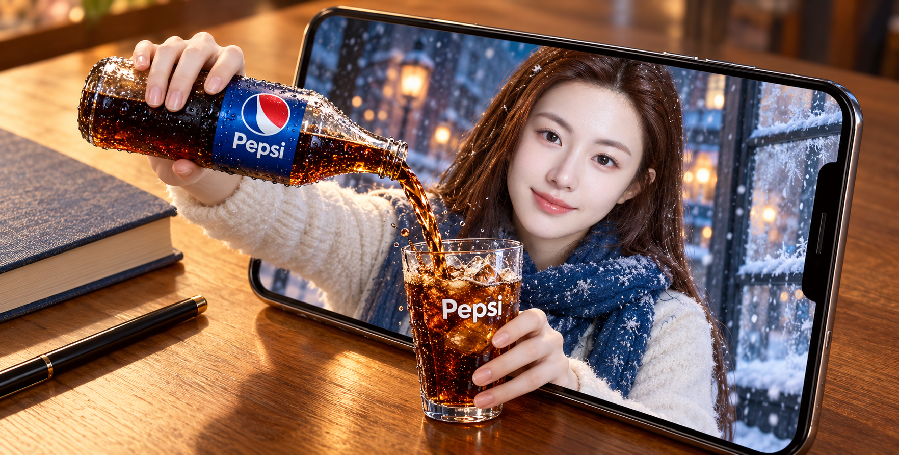 펩시 크로스 스크린 푸어: 나무 탁자 위의 초현실적 스마트폰 광고