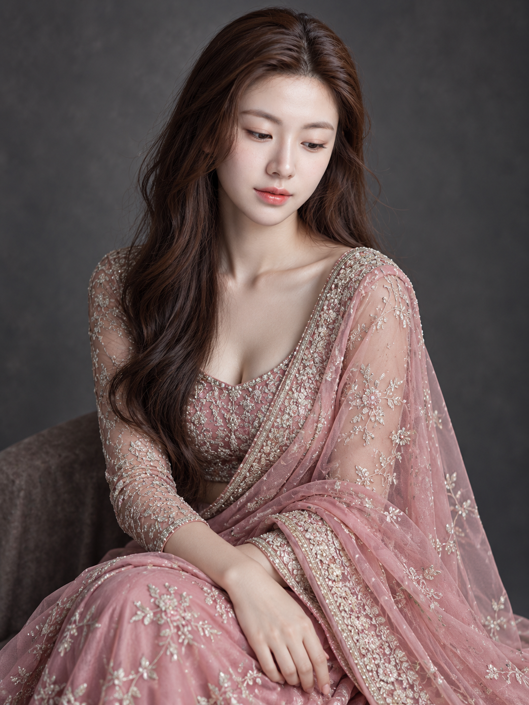 电影级柔光下的粉纱丽人像 — AI image creation