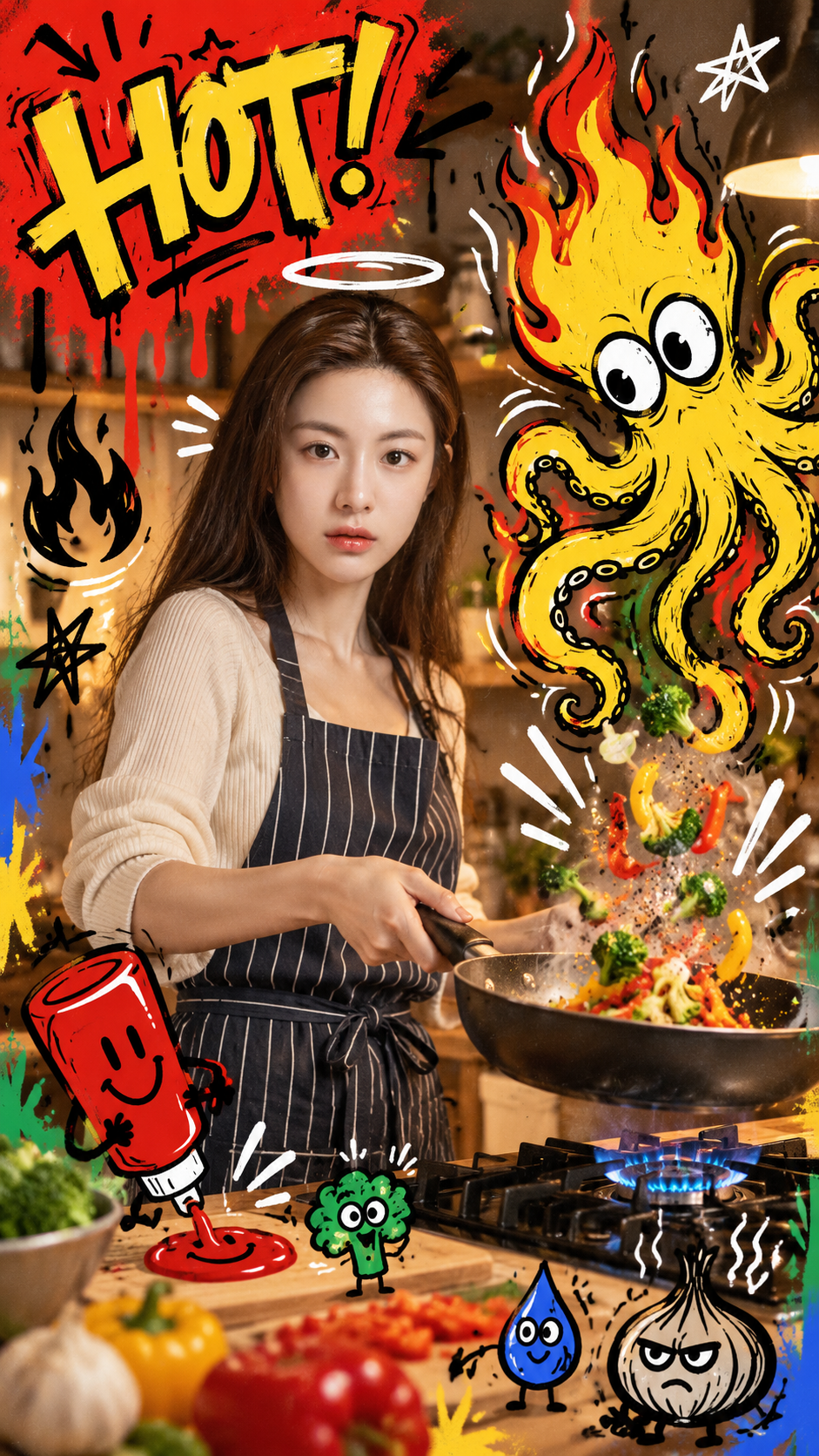 スパイシーなグラフィティキッチンの炎のタコ