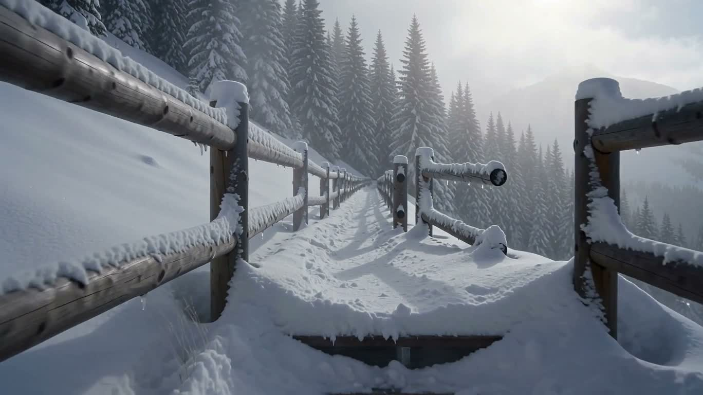 雪覆木栏的冬日迷雾