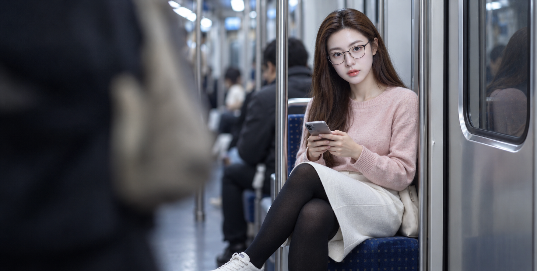 地铁冷光下的成年眼镜女性街拍