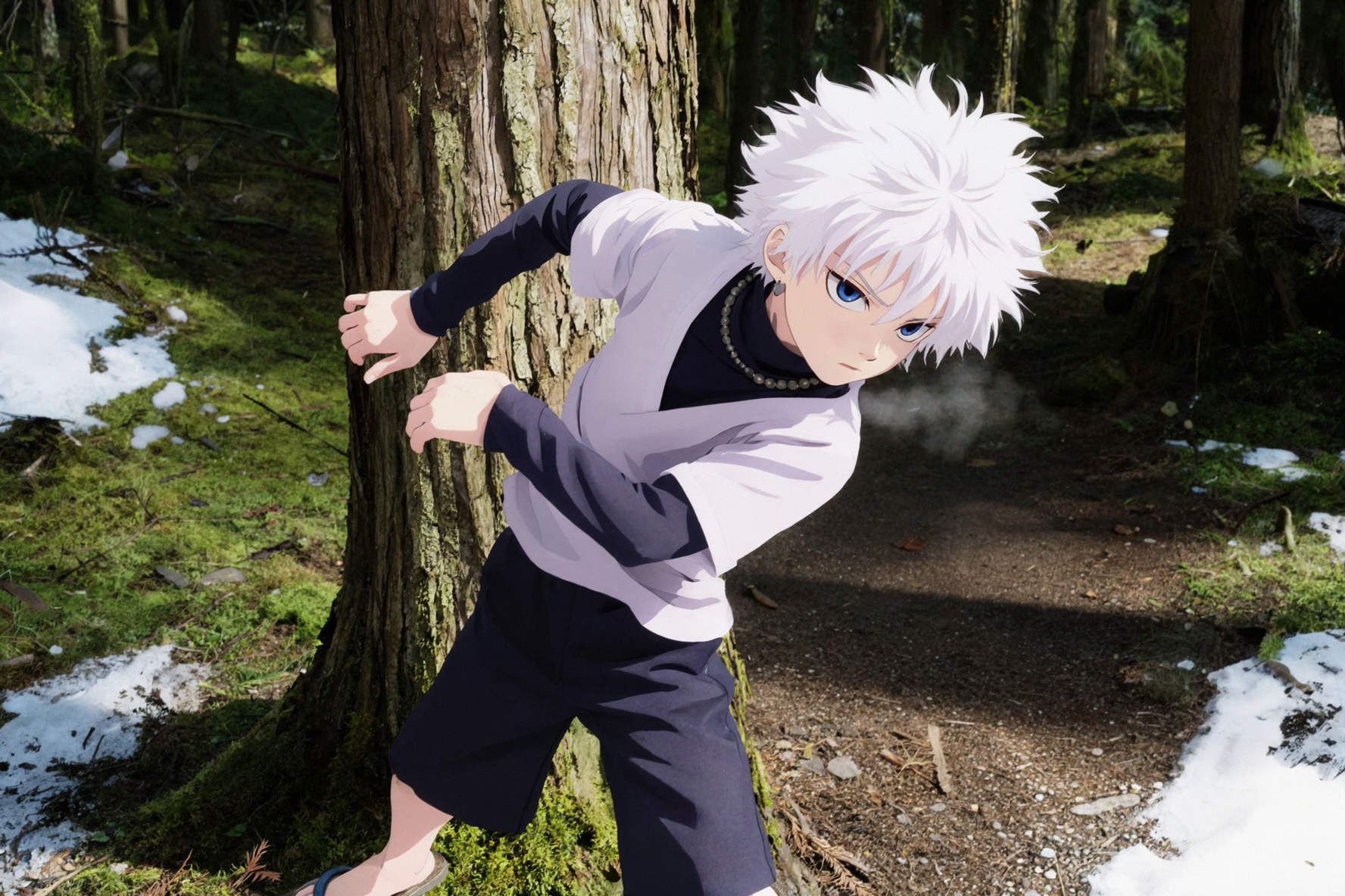 Killua Zoldyck · Virage brusque en forêt · Ombres dures du soleil — AI image creation