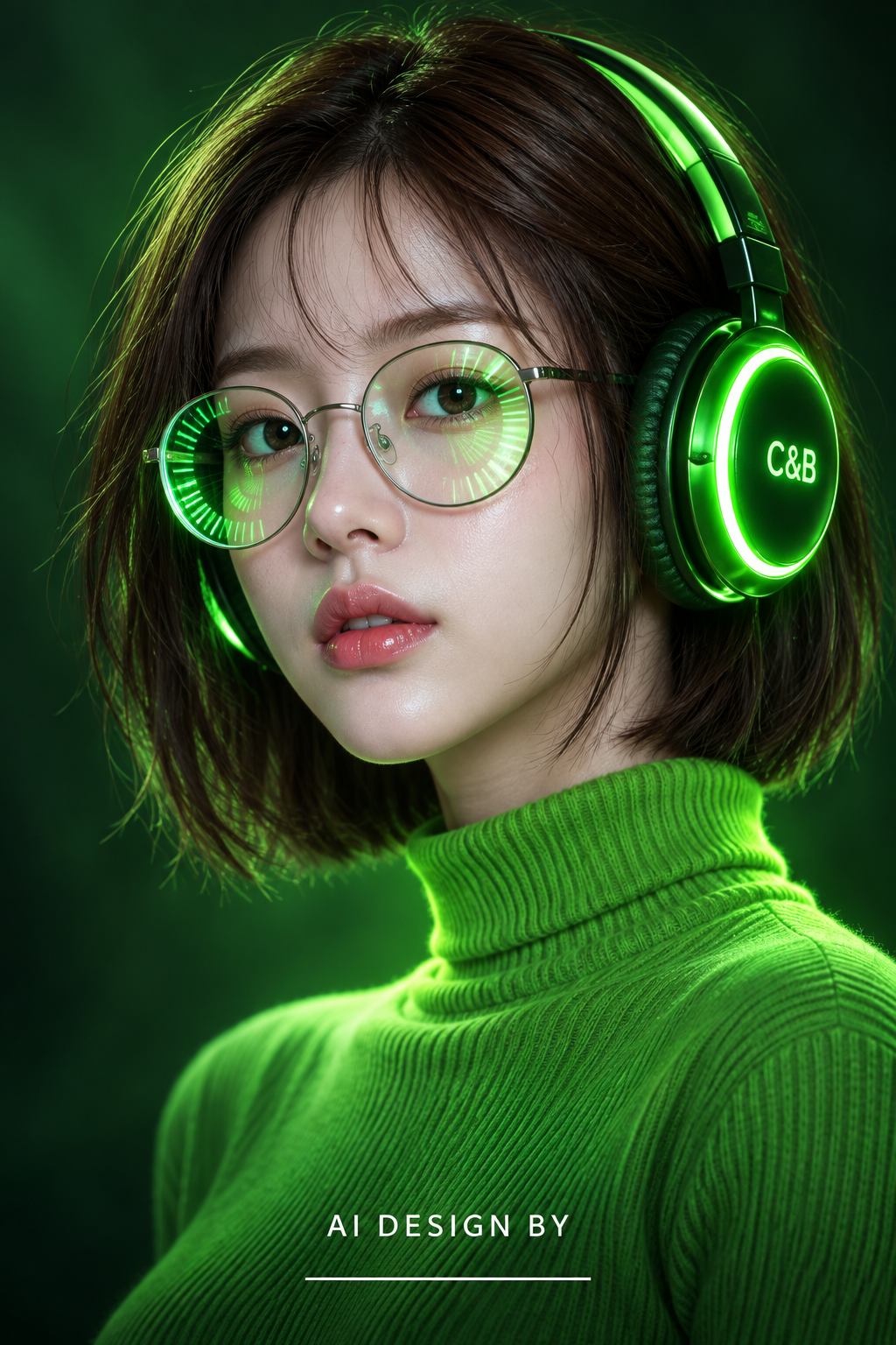 赛博朋克霓虹绿发光耳机成年女性肖像