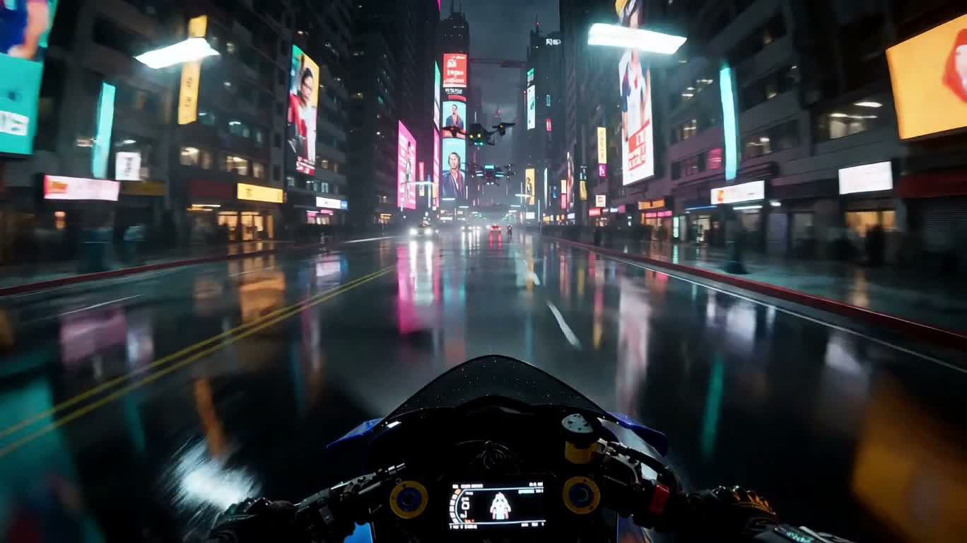 Cuộc rượt đuổi tốc độ trong thành phố neon mưa