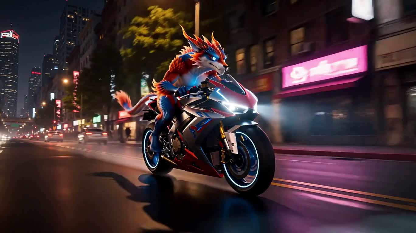 ネオン都市の龍狐ライド — AI video creation