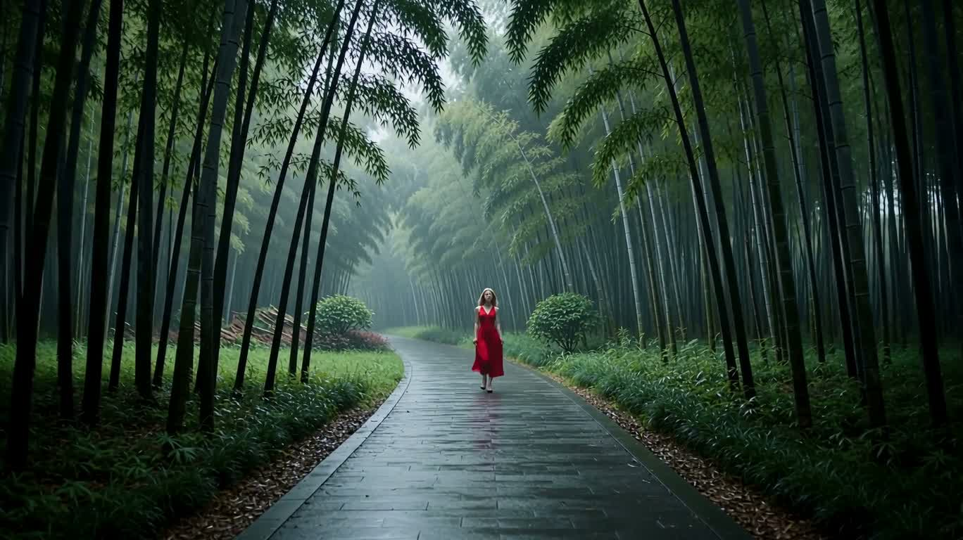 Femme en robe rouge sur un sentier de bambous sous la pluie — AI video creation