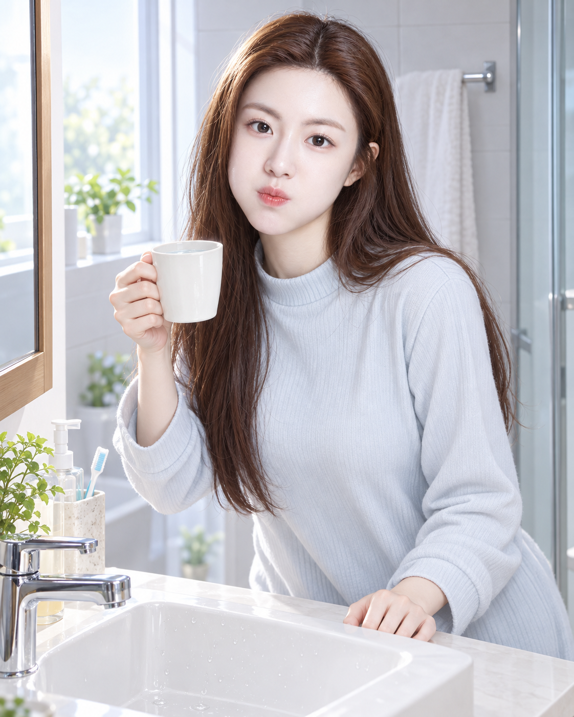 清新美少女晨间漱口的活力瞬间