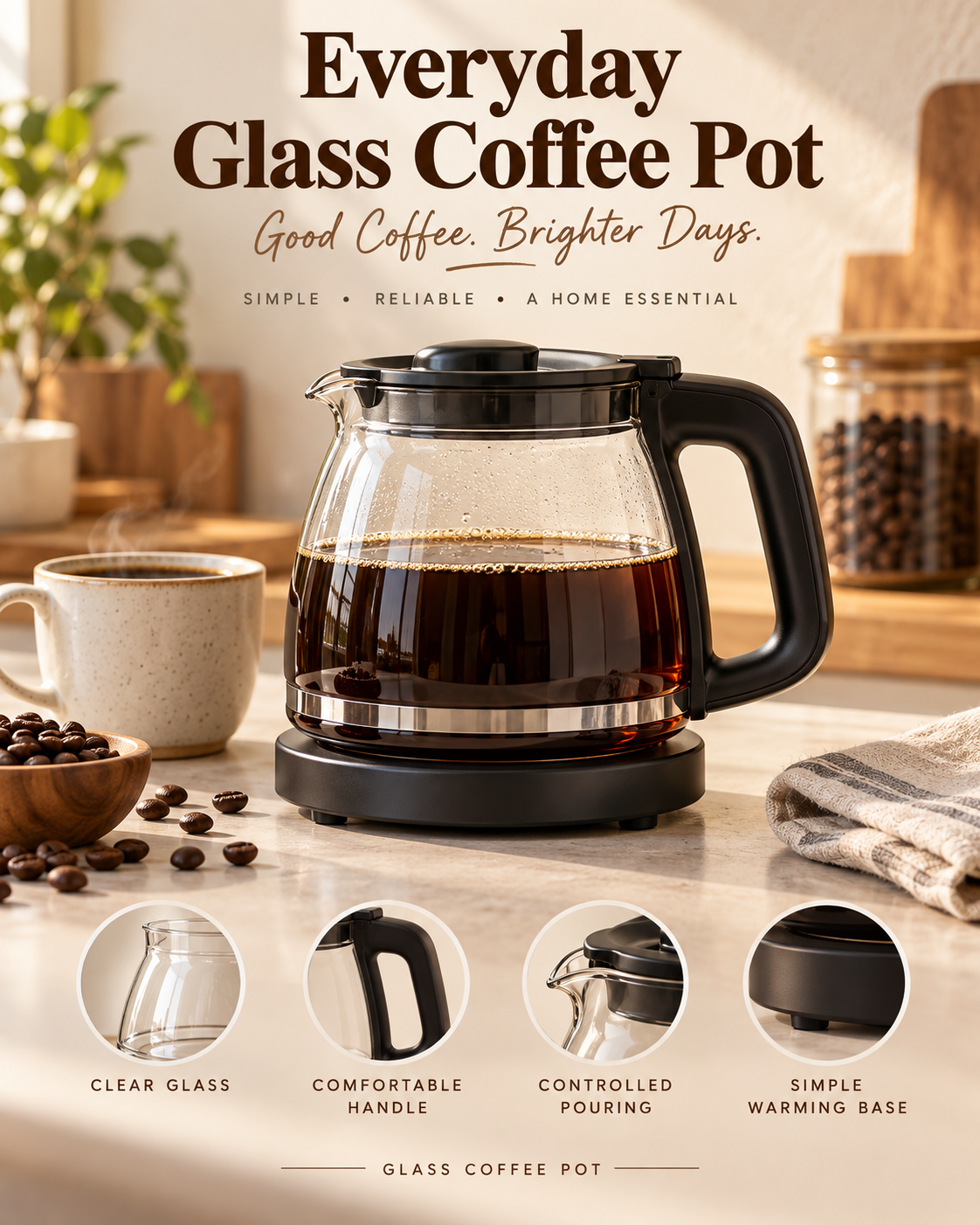 温かい住まいのシーンでコーヒーポットの商品ポスター