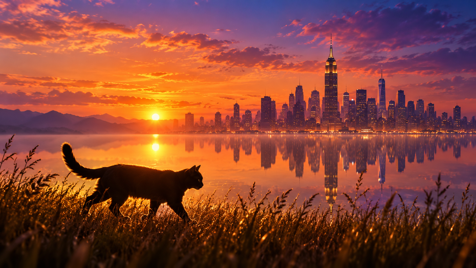 落日余晖下的黑猫与帝国大厦倒影 — AI image creation
