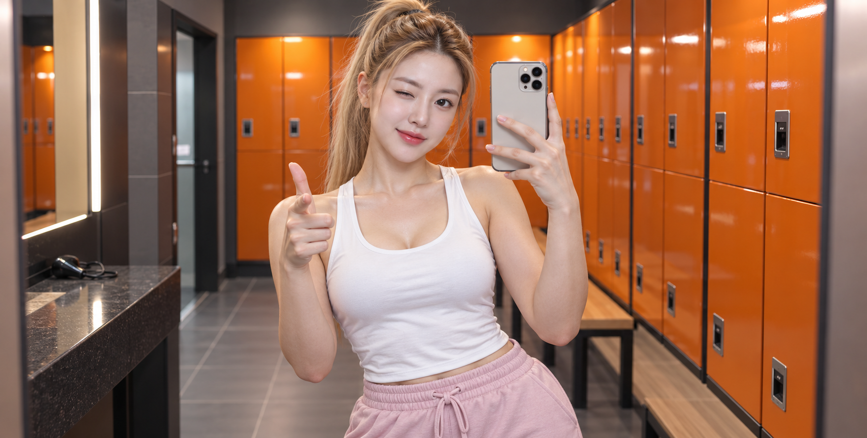 成年金发健身女性的俏皮镜前自拍
