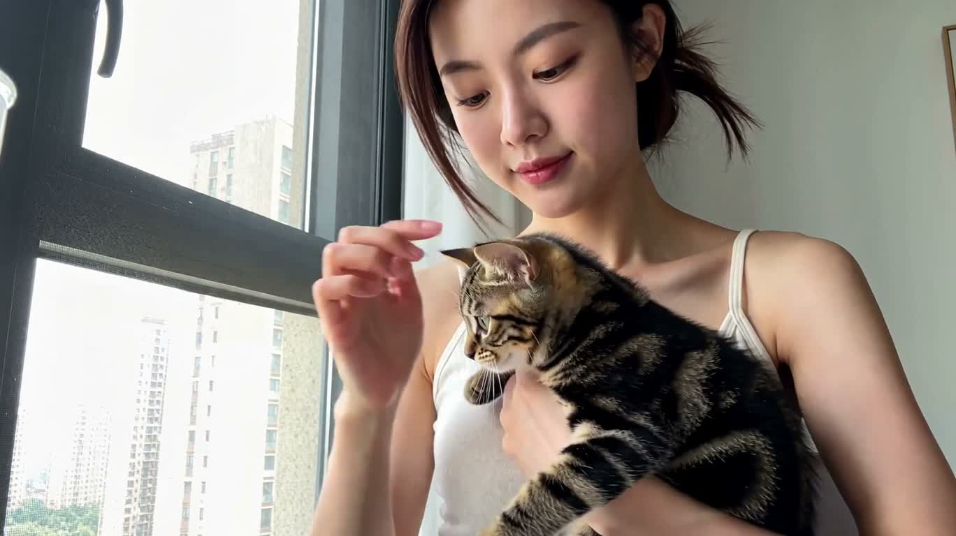 Trêu mèo bên cửa sổ, vô tình áp sát ống kính — AI video creation