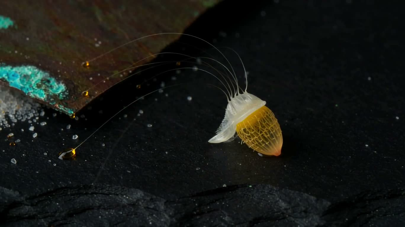 Microcosme de spores de mousse et de cristaux de cuivre — AI video creation