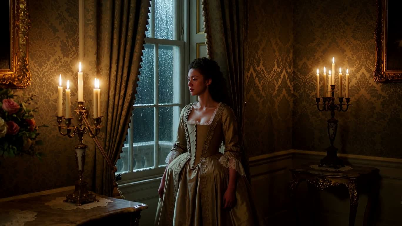 Regard près de la fenêtre pluvieuse à la lueur d'une bougie