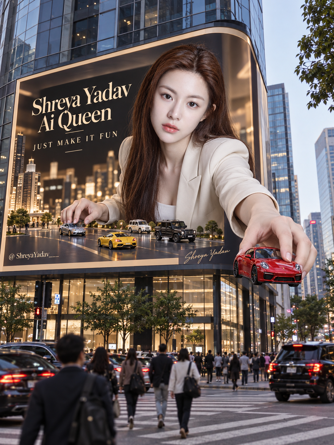 Panneau publicitaire incurvé et déformé avec voiture jouet qui sort — AI image creation