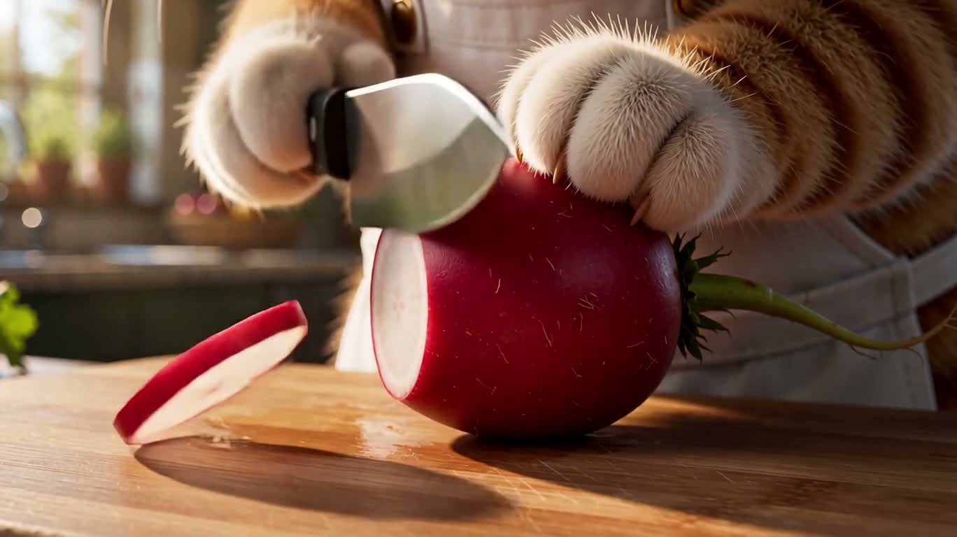 子猫シェフがにんじんを切る — AI video creation