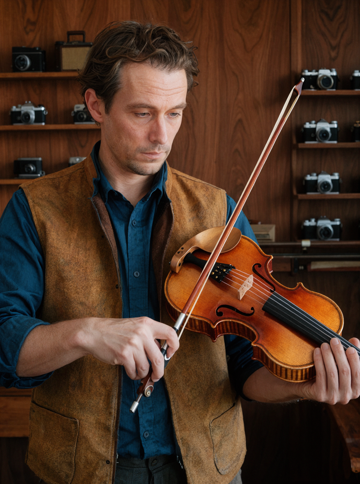 Luthier européen adulte · Réglage de la corde · Portrait d'ambiance
